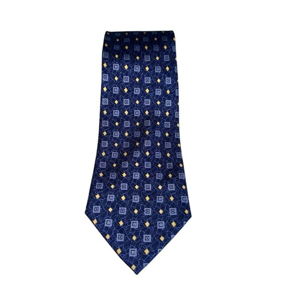Debenhams Mens 100% Silk Tie Made In Korea Blue Yellow Geometric - Picture 1 of 6